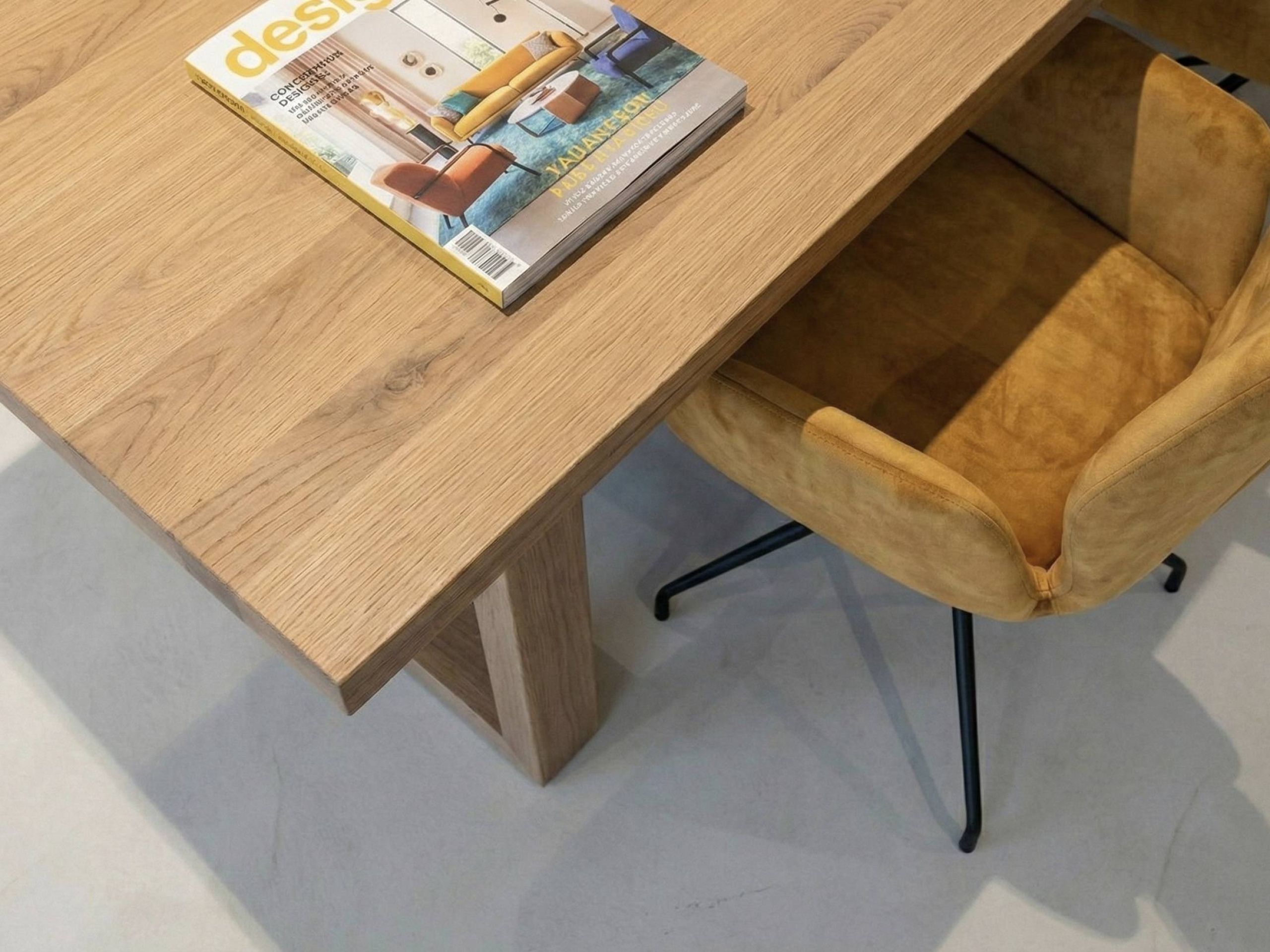 Hoek eiken tafel, vloer en stoel