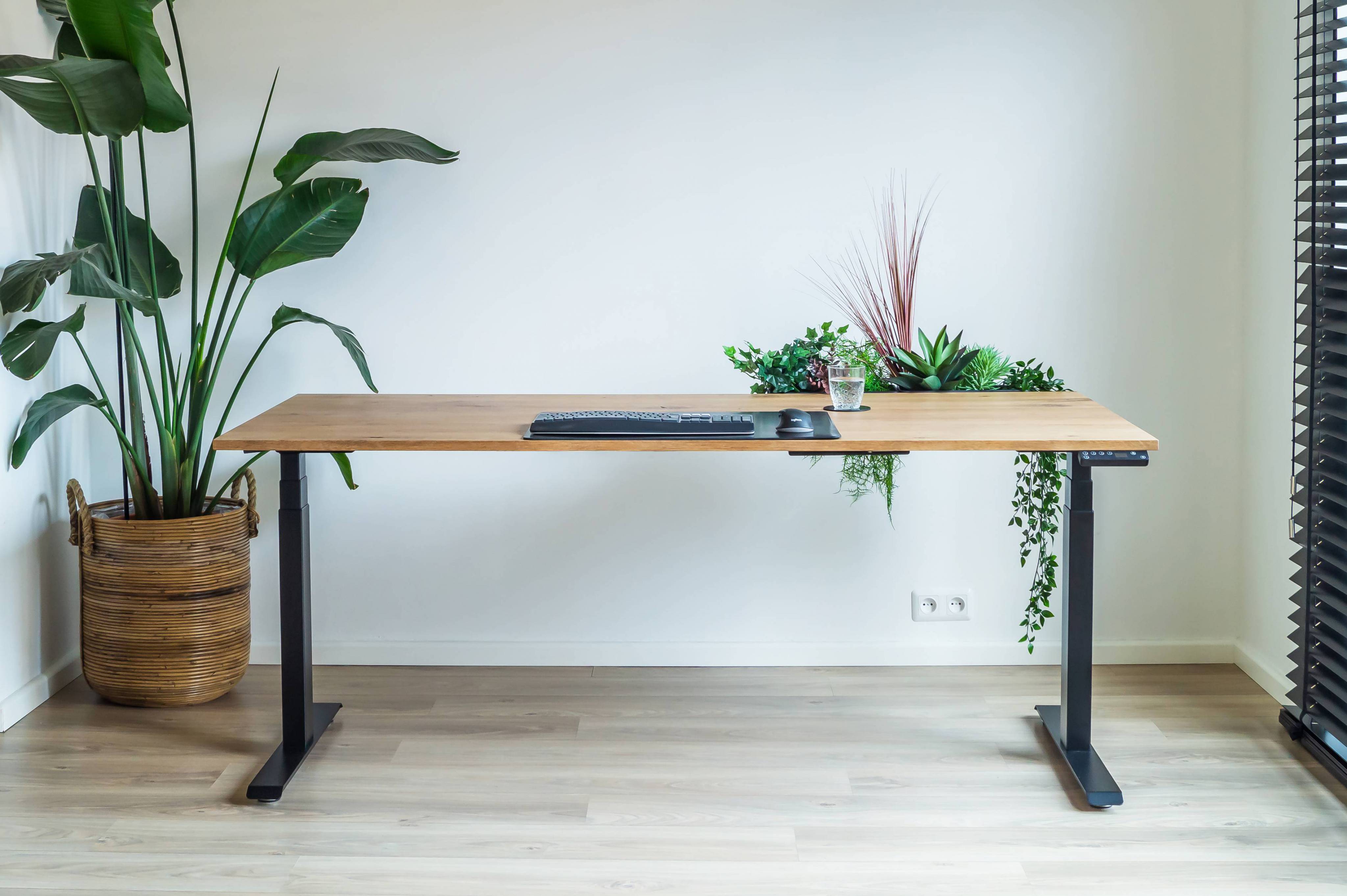 Eiken zit-sta bureau met plantenbak