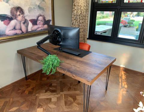Bureau hairpin donker eiken met leren bureaulegger